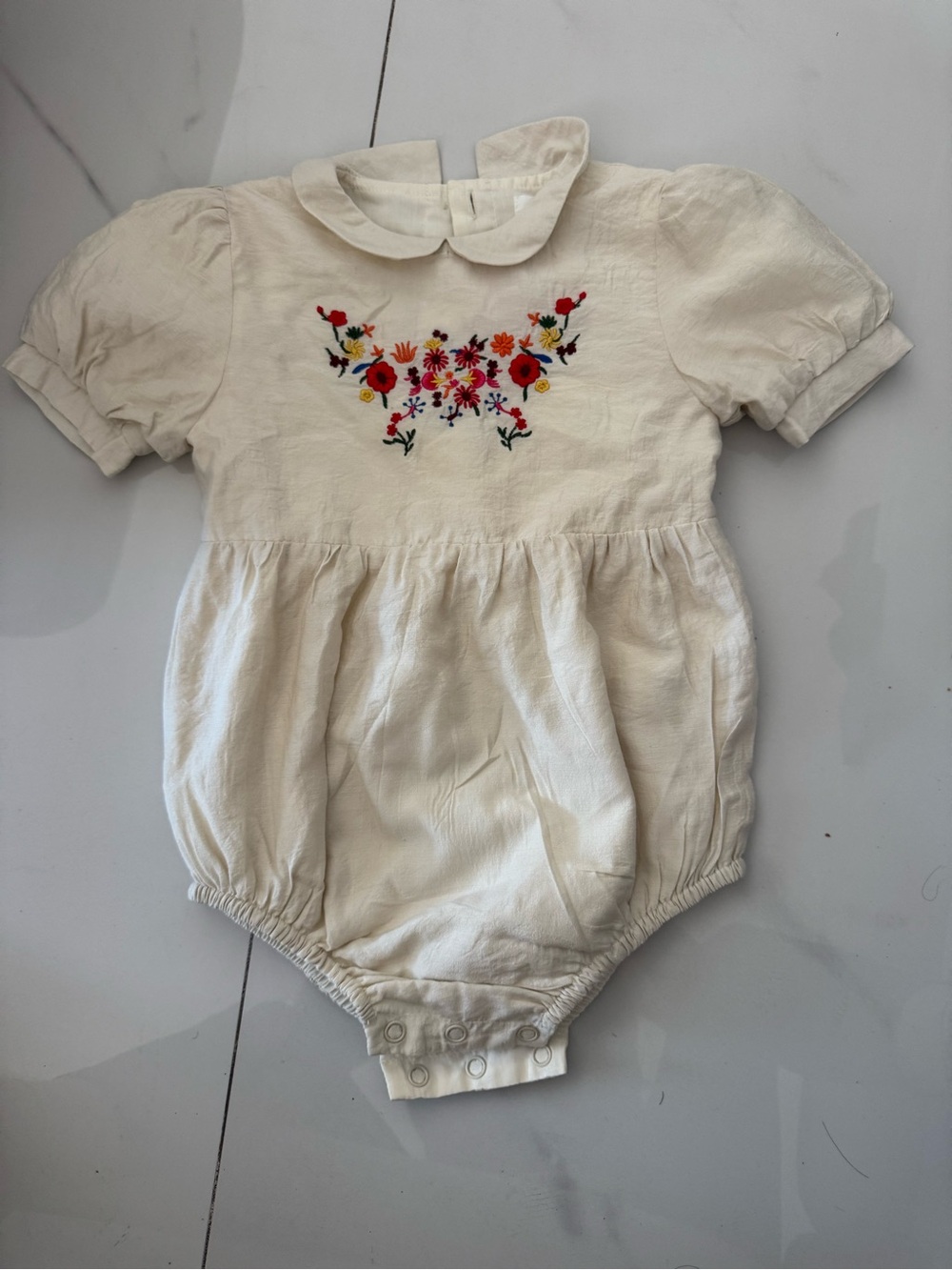 Cream Baby One-Piece Bodysuit with Floral Embroidery
